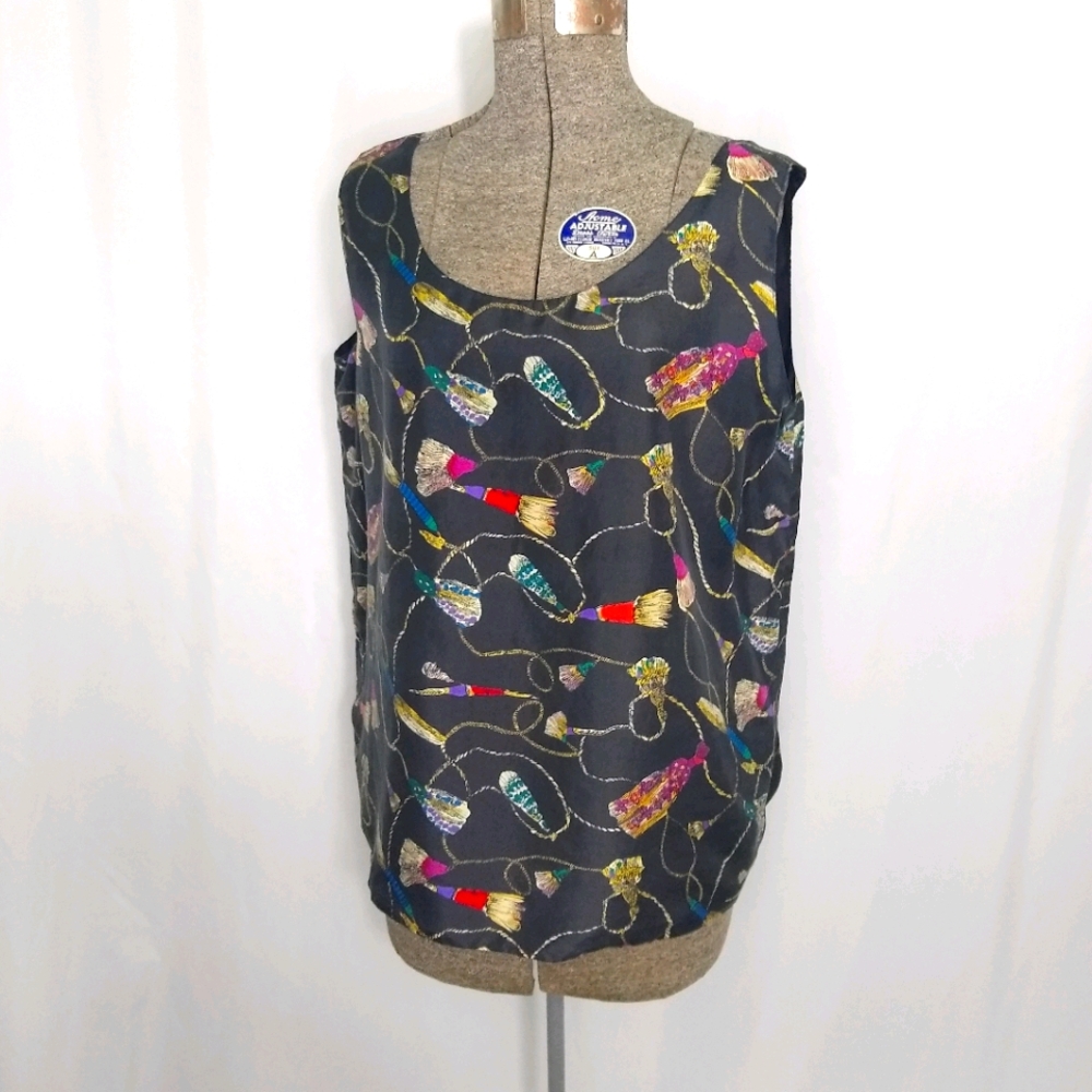 Vintage black silk reversible rope & tassel print cami sleeveless tank top